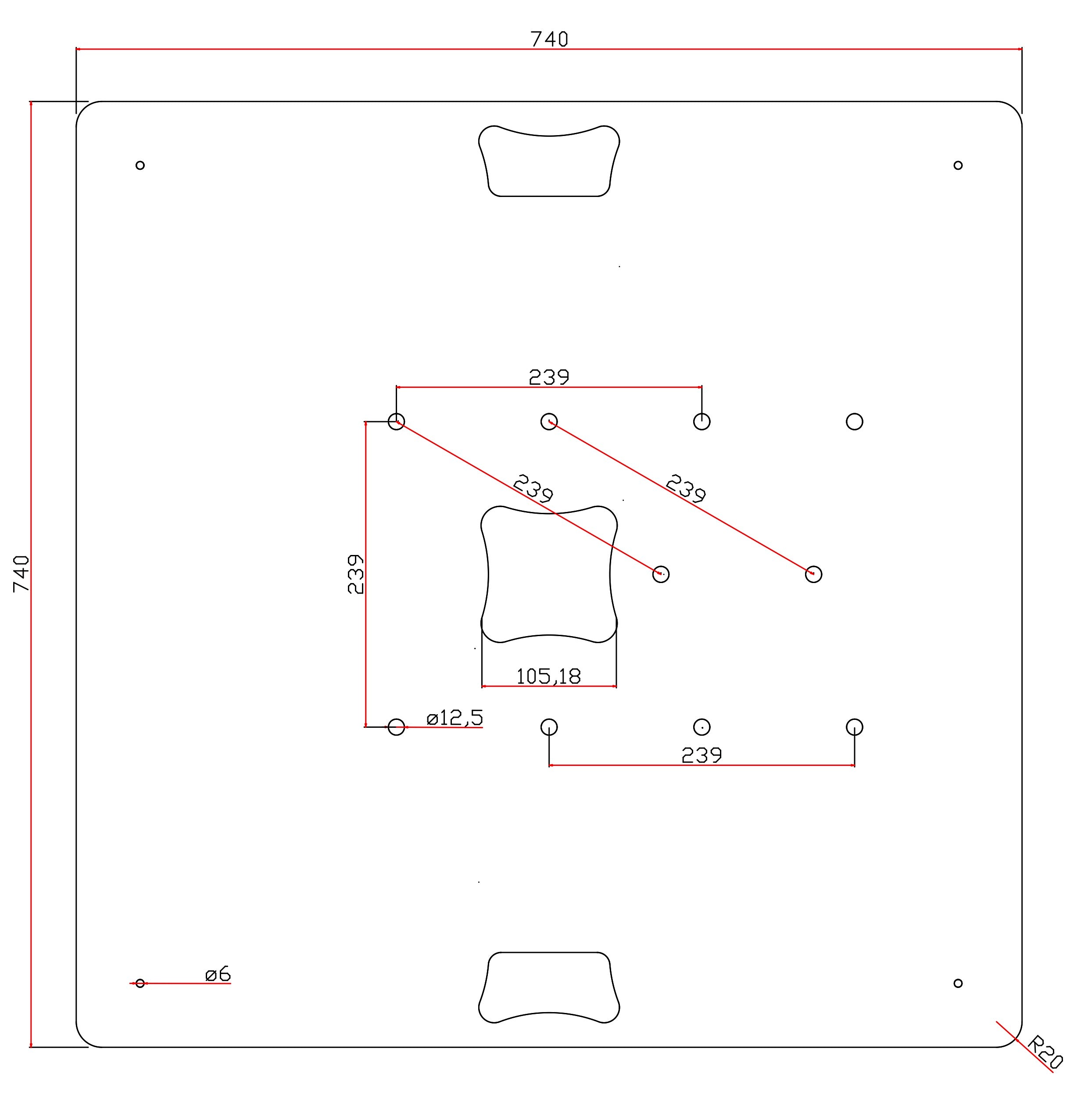 Traversen Bodenplatte 6 mm 75 x 75 cm 30 kg Griff mittig / TV Ständer Pulverbeschichtet